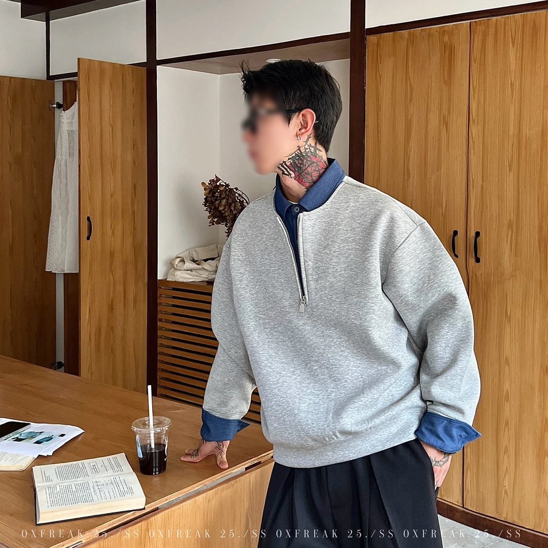 OXXRAAK「衬衫式內襟」韩版重磅假两件半拉链卫衣男秋冬男士套装