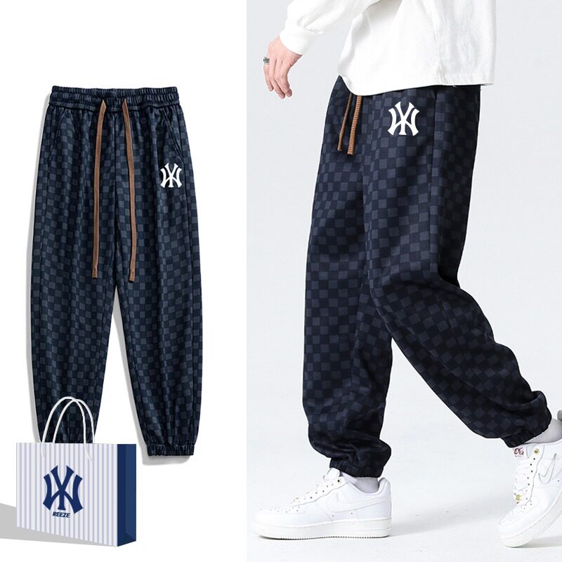 mlbgu ny裤子男2024新款春秋休闲裤长裤宽松束脚卫裤格子潮牌联名