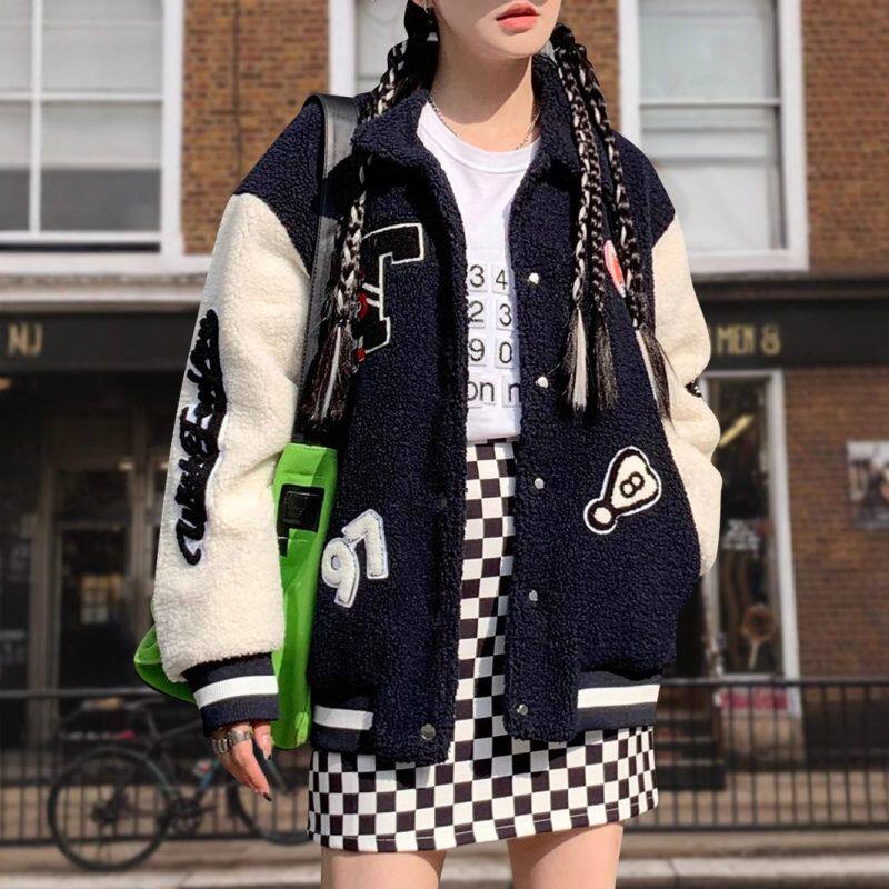 女装外套服刺绣棒球羊羔绒秋冬季加厚毛跨境外套潮牌羊羔夹克保暖