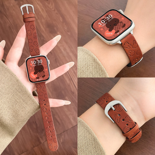 适用于苹果手表s12表带新款皮质applewatch11手表带女士专用s10运动s9智能腕表链女生米菲兔iwatch高级感se3