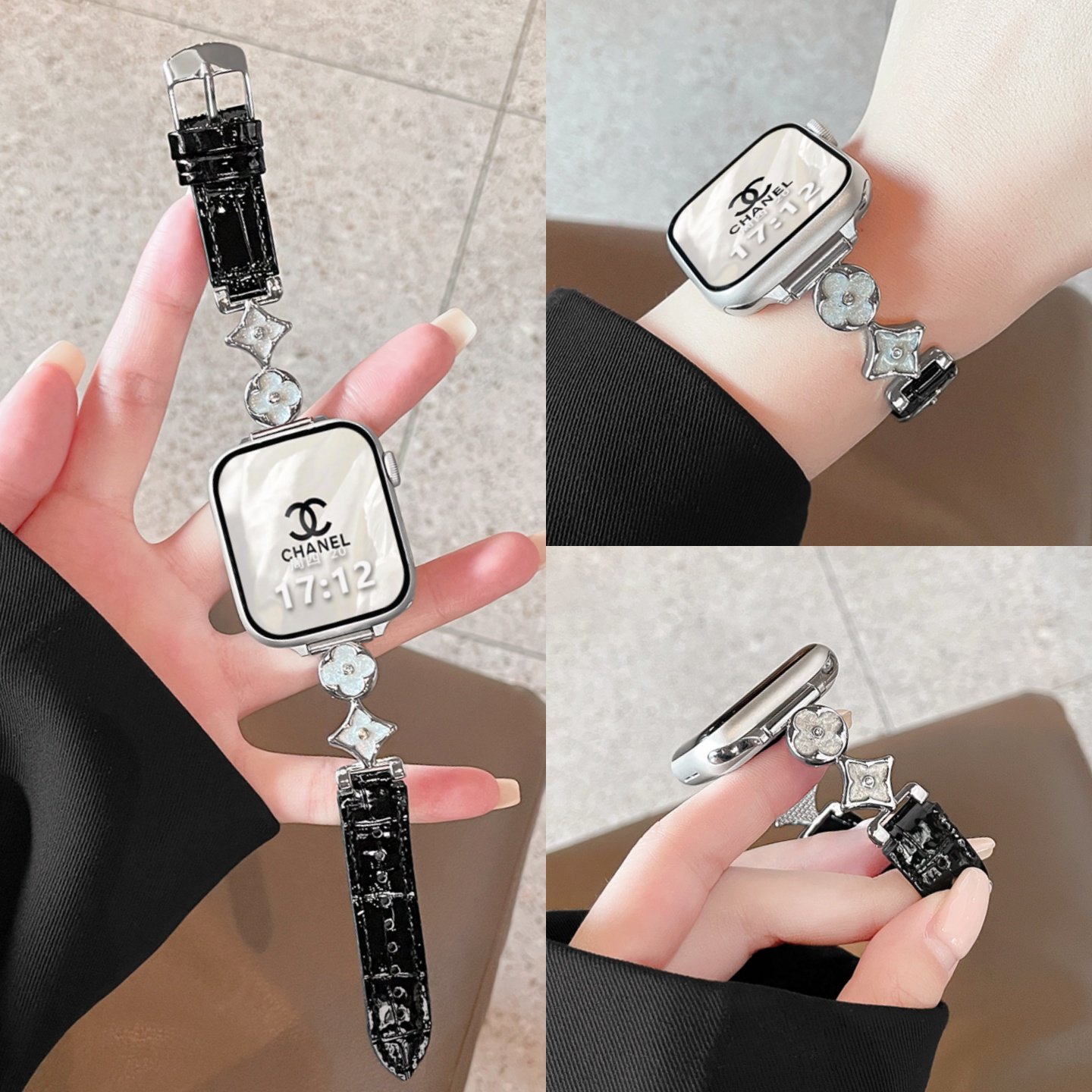 适用iwatch十字花老花皮质表带