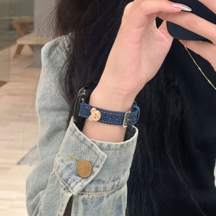 s9牛仔小熊皮质iwatchs8 se3秋冬42 5创意帆布款 46mm男女替换带 适用苹果S11手表iwatch10表带Applewatch