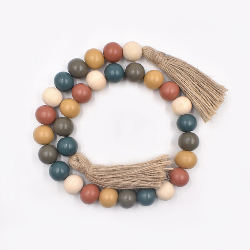 美式乡村复古风格麻绳流苏串珠 家居装饰壁饰挂饰木珠串现货