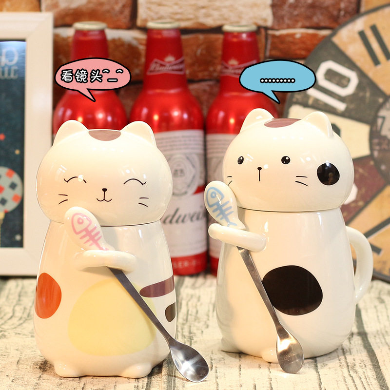 可爱卡通猫咪陶瓷杯子带盖勺大肚马克杯大容量创意水杯情侣