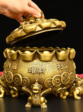 纯铜聚宝盆摆件开盖怪兽聚宝盆元宝铜钱存钱罐家居装饰工艺品