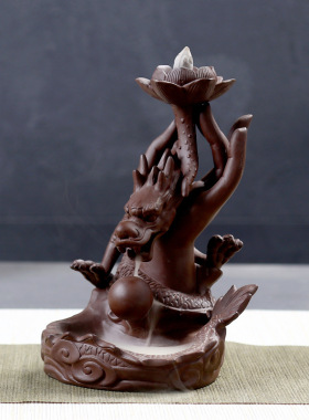 紫砂倒流香炉工艺品 香道用品祥龙吐珠香插陶瓷家居客厅书房摆件