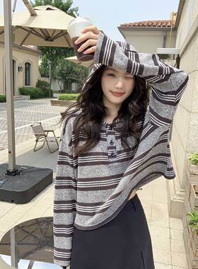 你好卡农 条纹连帽宽松针织衫女早秋2023新款慵懒小个子短款上衣