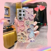 适用于三星s25ultra手机壳Galaxys24ultra蓝光油画花朵S24plus韩风女款 S22镜头全包高级23plus新款 防摔保护套