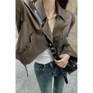 欧货翻领短款pu皮外套女加绒春秋新款高级感机车炸街小个子皮夹克