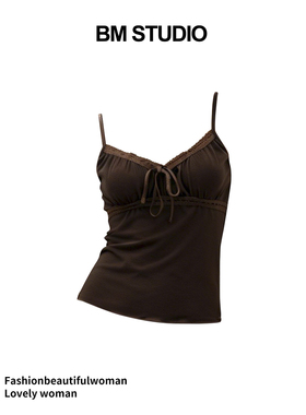 Brandygirl新款bm吊带背心系带褶皱吊带背心修身显瘦百搭内搭上衣