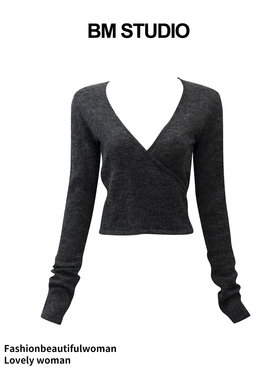 Brandy girl新款bm针织衫交叉V领绑带叠穿设计感毛衣百搭显瘦上衣