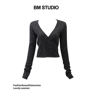 Brandy girl新款bm针织衫交叉V领绑带叠穿设计感毛衣百搭显瘦上衣