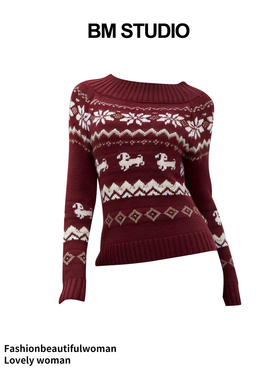 Brandygirl新款WM针织衫红色费尔岛一字肩修身显瘦百搭毛衣上衣女