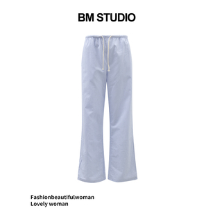 Brandygirl新款bm条纹裤子系带松紧腰显瘦百搭直筒裤阔腿裤长裤女