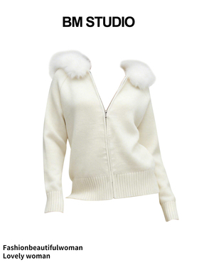 brandy girl新款WM大毛领针织开衫连帽毛衣bm纯欲甜美显瘦外套女