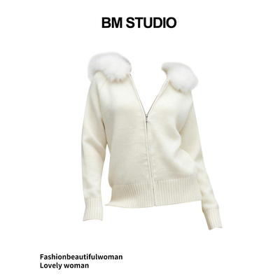 WM大毛领针织开衫连帽毛衣外套