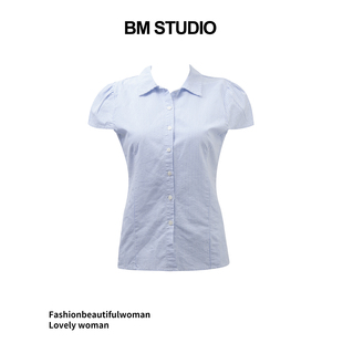 Brandygirl新款bm条纹短袖衬衫纯欲翻领泡泡袖修身显瘦百搭上衣女