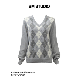 Brandygirl新款bm针织毛衣美式复古菱格V领宽松显瘦百搭打底上衣