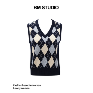 Brandygirl新款bm针织背心复古菱格V领学院风显瘦百搭毛衣上衣女