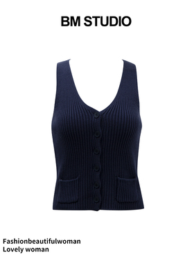 Brandygir新款bm针织背心V领无袖单排扣修身显瘦百搭开衫上衣女