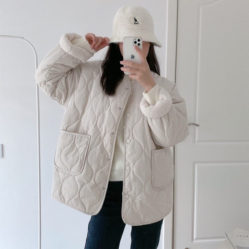 秋冬季羊羔毛毛棉服女加厚羊羔绒棉衣小棉袄外套加绒无领内胆内里