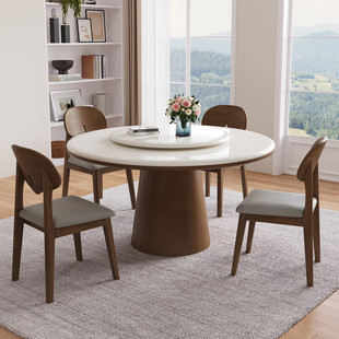 高档白冰玉大理石圆形餐桌带转盘新款 北欧实木中古风家用圆桌饭桌