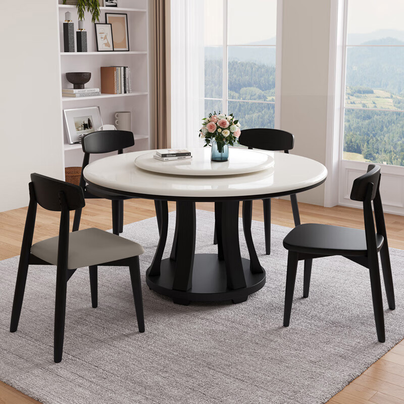 白冰玉大理石餐桌圆桌带转盘家用实木中古风胡桃色圆形餐桌椅一套