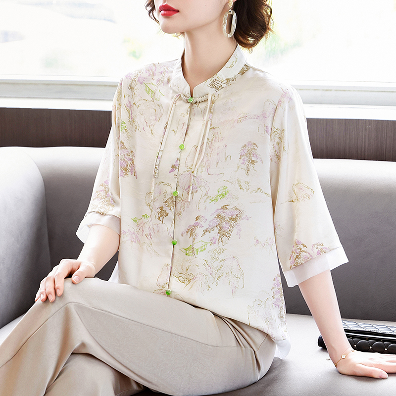 新中式妈妈夏装国风衬衫上衣服2025新款中老年女夏季雪纺短袖小衫