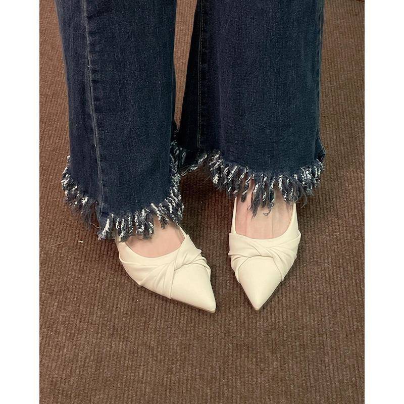 法式高跟鞋女细跟新款米色尖头5cm软皮气质黑色职业主持礼仪单鞋