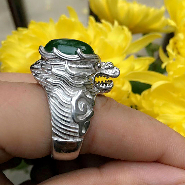 玉戒指和田玉碧玉龙头绿玉戒指男霸气大号活口复古风玉指环带证书