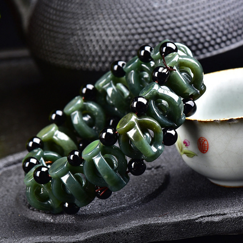 和田青玉手链男包邮石来运转四方来财精雕镂空佛珠手串文玩玉手排