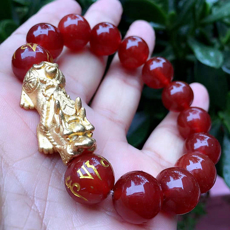 红玛瑙单圈手链沙金貔貅富贵吉祥转运珠红玉宝石手串男手珠带证书