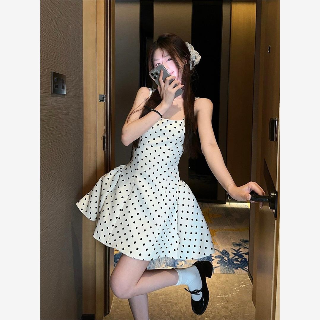波点绑带连衣裙女2025春