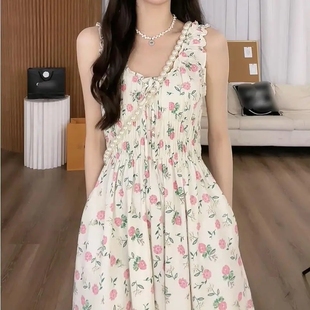 夏季 吊带长裙女 温柔甜美风浪漫清新粉色碎花连衣裙设计感时尚 无袖