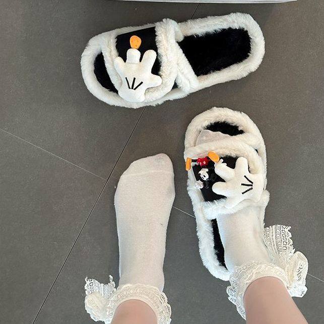 可爱卡通米奇手套露趾毛毛拖鞋女2026秋冬新款拼接一字棉拖鞋潮鞋