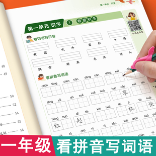 一年级上册下册看拼音写词语生字注音组词默写作业本 小学语文基础强化练习册人教版近反义词多音同音形近字字帖书乘万物星球