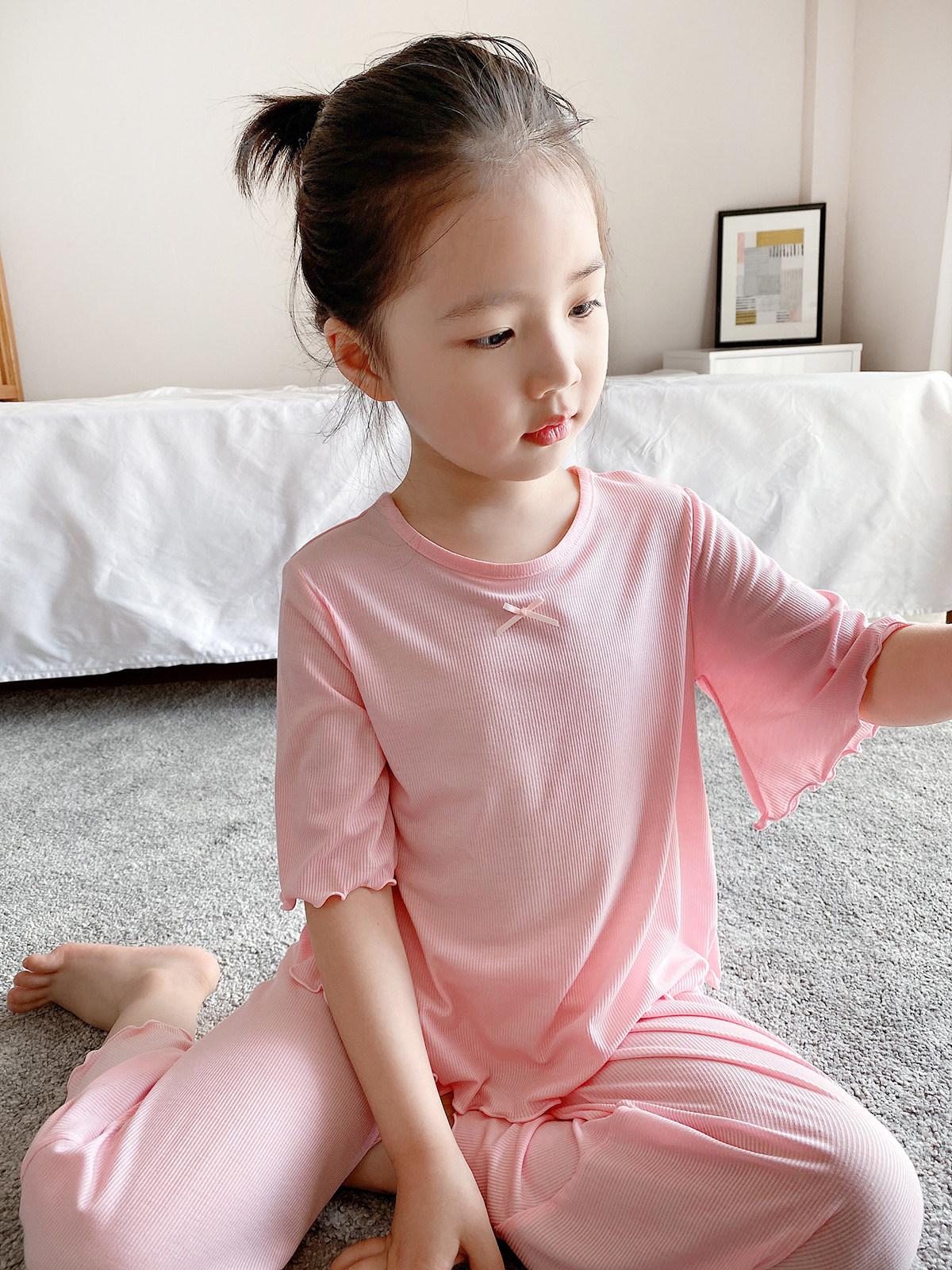 CHILDRENS MODAL PAJAMAS SUMMER CLOTHES THIN SHORT SLEEVES LOOSE ICE SILK TWO-PIECE SET GIRLS LOUNGEWEAR BABY AIR CONDITIONED CLOTHES