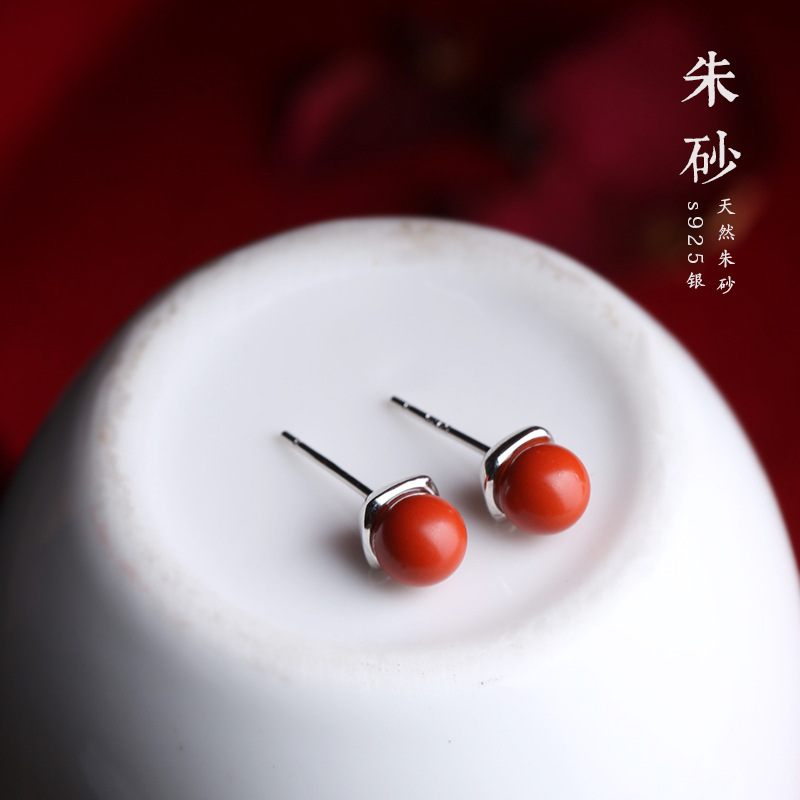 简约风耳钉防过敏纯银潮红色耳饰转运珠养耳洞耳坠官方旗舰店正品