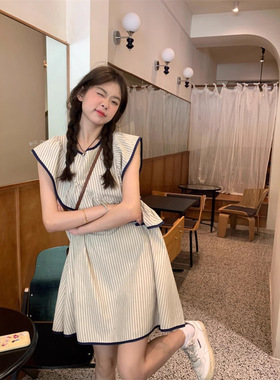 条纹小飞袖连衣裙女装春季2026新款韩系荷叶边不规则无袖娃娃裙子