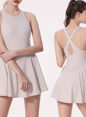 夏季裸感连体瑜伽服带胸垫运动网球裙透气防走光内衬健身服女