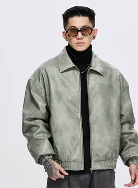 泰王男装丨2025年美式复古翻领皮衣夹克男秋冬季新款宽松休闲