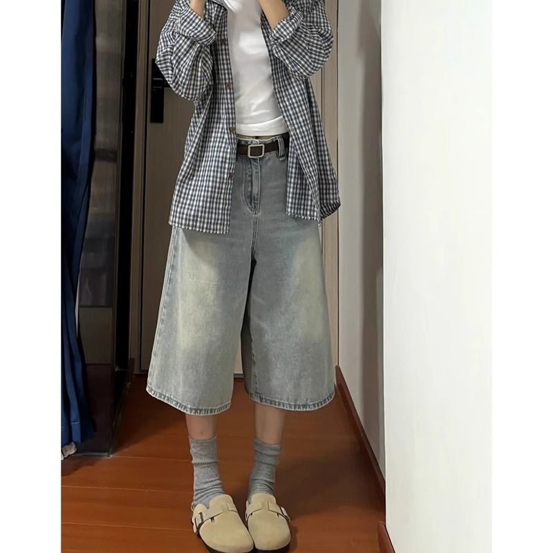 复古浅色直筒牛仔七分裤女高腰夏季新款大码胖mm宽松显瘦阔腿裤子