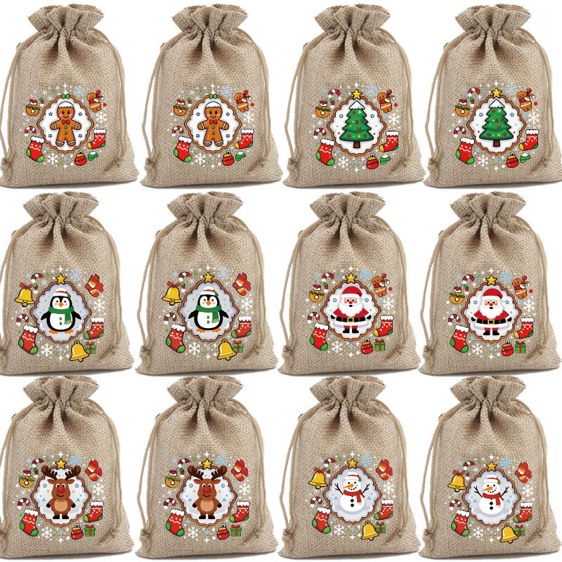 圣诞礼品袋仿麻卡通圣诞老人饼干礼品袋糖果袋平安果束口袋6款