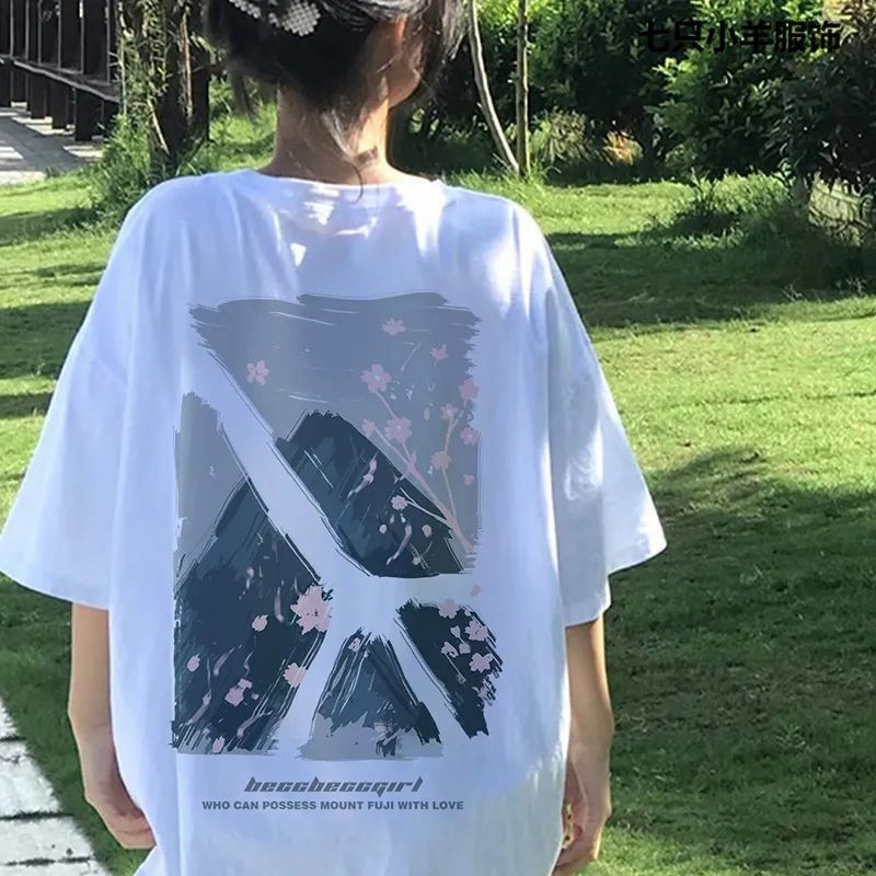 短袖简约常规印花纯棉女宽松百搭图片