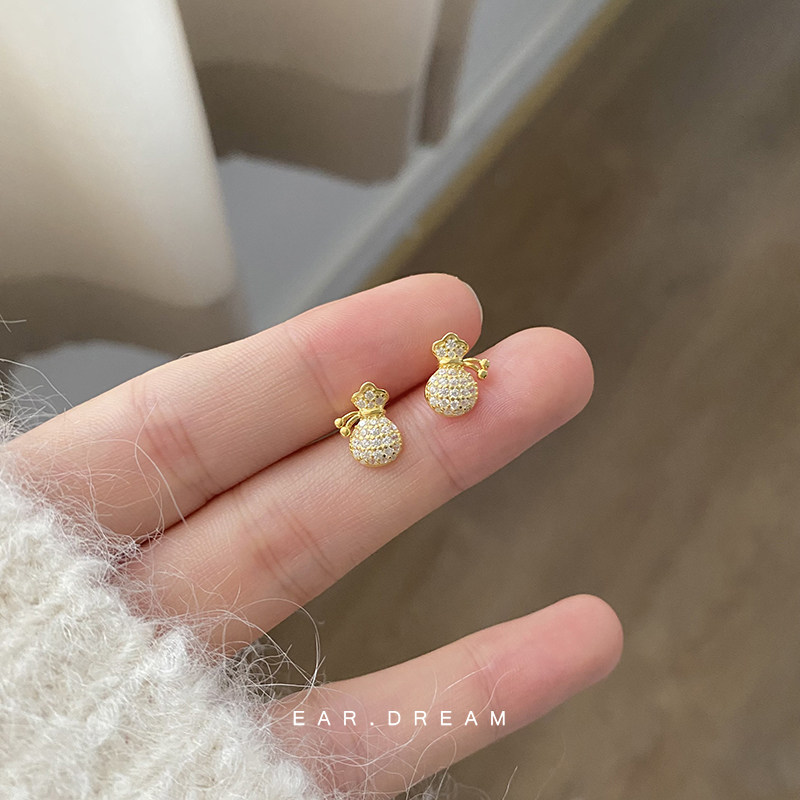 耳边的梦 福包 通体纯银敲闪金闪小福袋耳钉小众耳环
