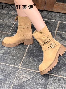 轩美诗磨砂皮女游牧靴2025秋冬新款超软翻毛皮休闲时装单靴60374