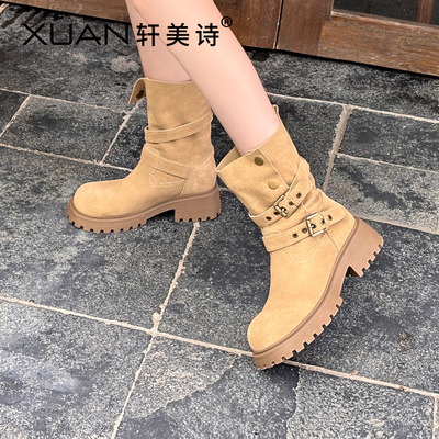 轩美诗磨砂皮女游牧靴2025秋冬新款超软翻毛皮休闲时装单靴60374