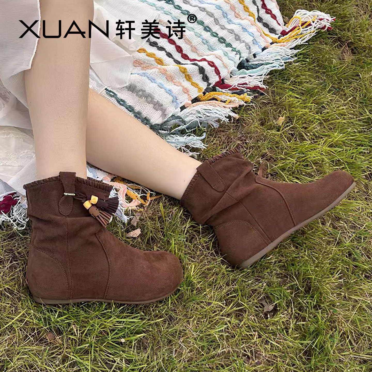 轩美诗羊反绒女休闲短靴2025秋冬新款复古风内增高时装靴20164