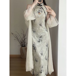新中式国风改良旗袍复古挂脖连衣裙女夏季新款高级感收腰a字裙子