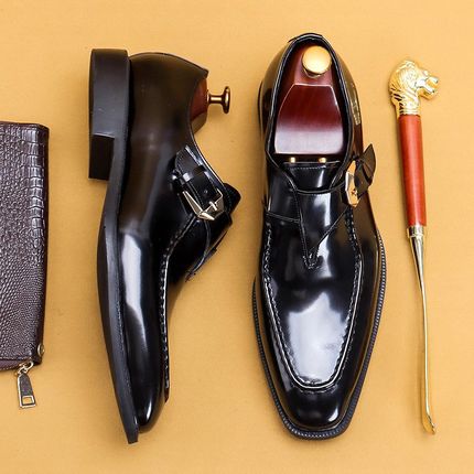 【vip】方头正装商务英伦搭扣孟克鞋男真皮漆皮亮面休闲鞋
